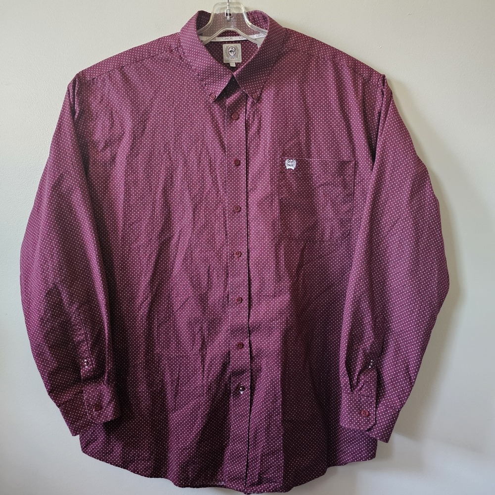 Cinch Western‎ Shirt Men's XL Long Sleeve Button Down Polka Dot Maroon/Purple